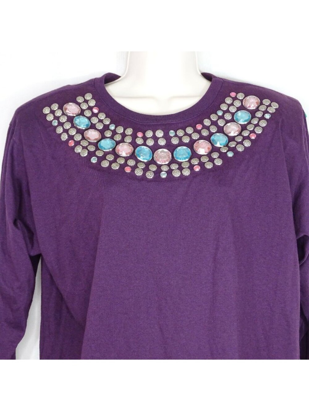 Vintage Cervelle T-shirt Knit Top Jewel Studded Women Size M Purple Long Sleeve
